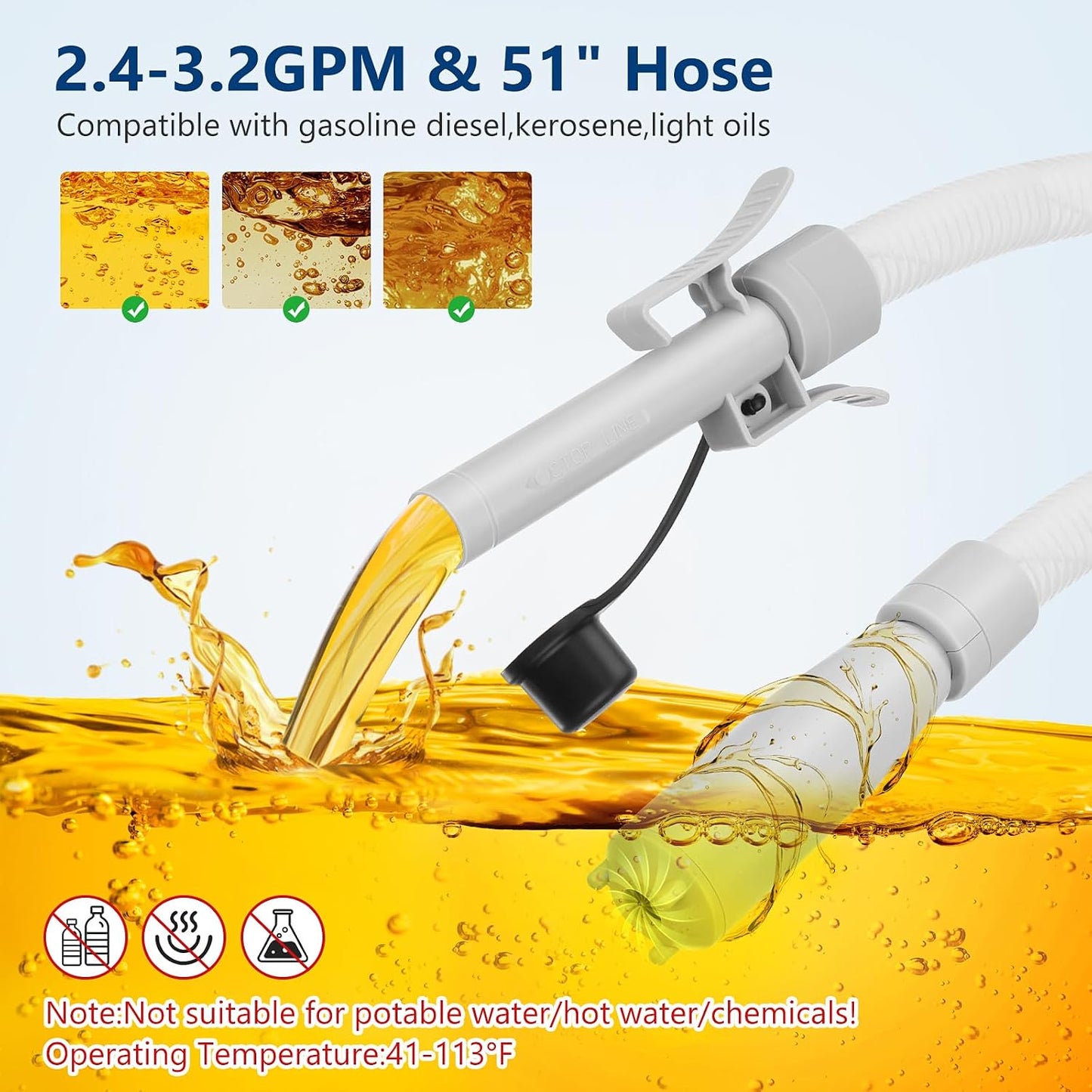 Auto-Stop Electric Fuel Transfer Pump, 3.2 GPM Portable Gas Can Pump with 51" Hose & 3 Tank Adapters (Can Not Included)